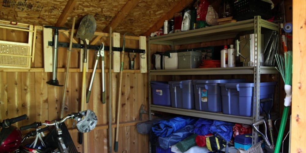 Gardening, construction utensils found in shed storage